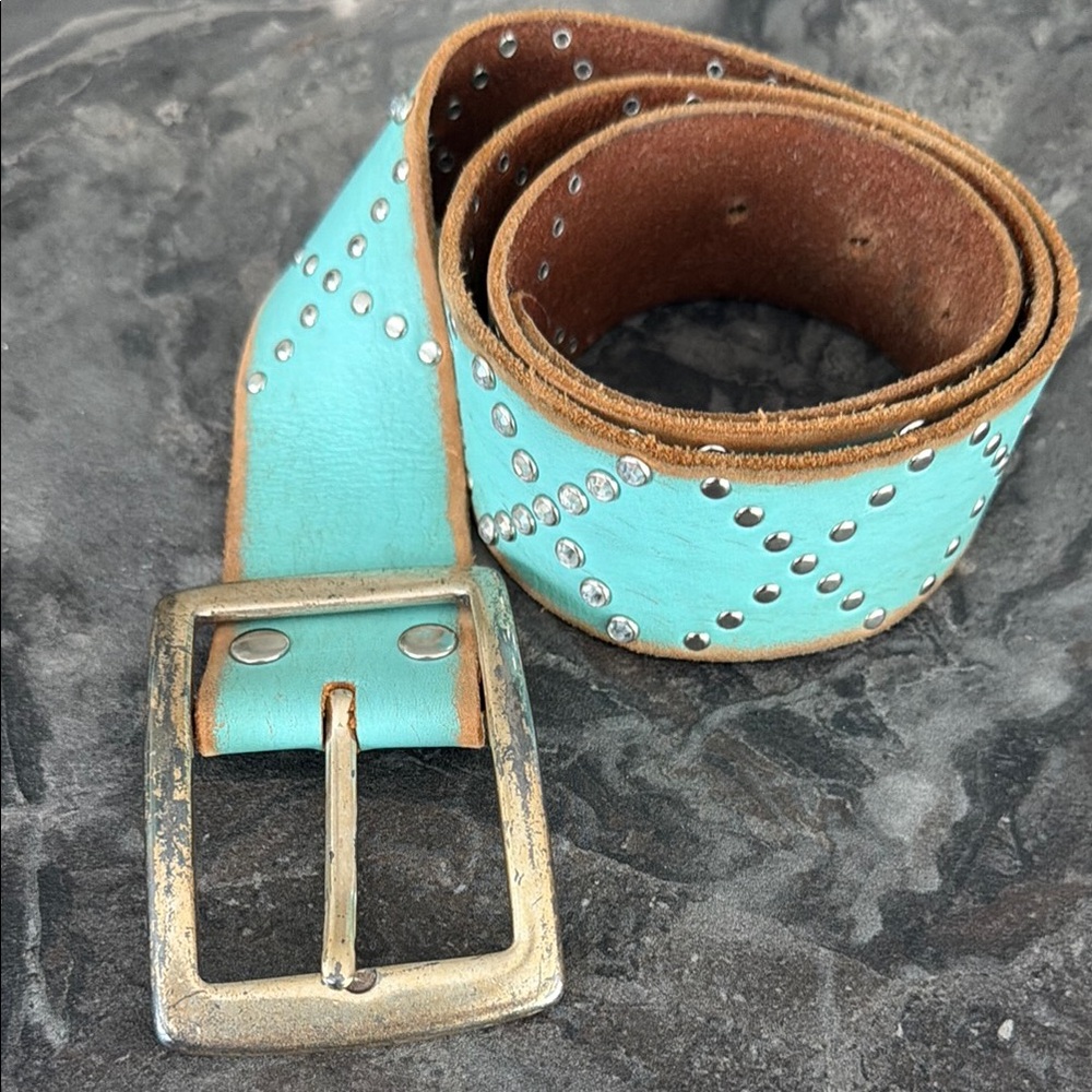 Linea Pelle Turquoise Studded Leather Belt with Silver Buckle